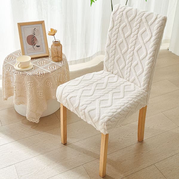 3D Jacquard Plysch Stolöverdrag 4-pack - Krämfärgade Matsalsstolsöverdrag