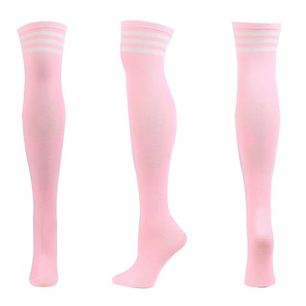 Rosa knestrømper med hvite striper - rosa lårhøye strømper pink