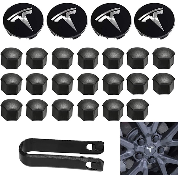 Heta 2025 Hjulmutterskydd Modell 3 Hjulnavskåpor med Tesla-logga, Navmutterskydd för Tesla Model 3 Model Y (Svart)