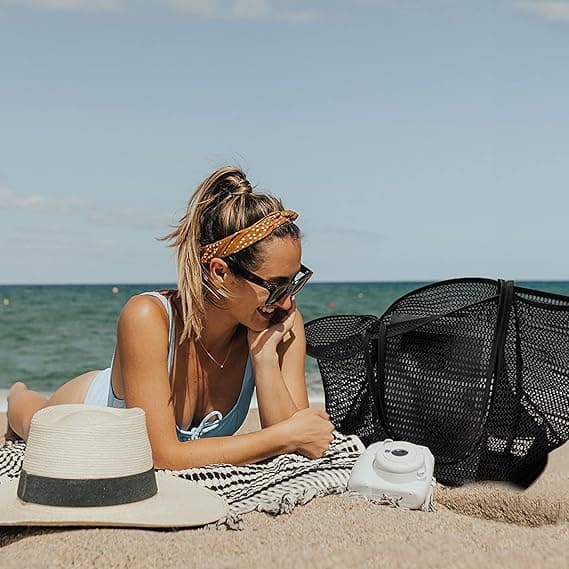 Mesh strandtaske, afslappet mulepose, sammenfoldelig skuldertaske til kvinder, perfekt til strandture og ferier. Black