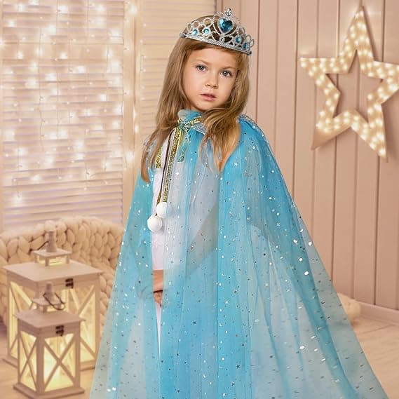 Blå prinsessekjolesæt, inklusive kappe og krone, egnet til piger i alderen 3-8 år. Blue