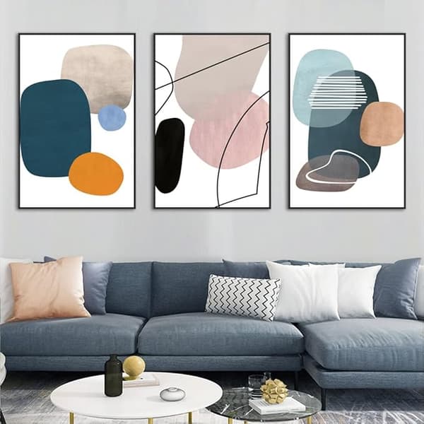 Tre indrammede dekorative malerier til væggen, abstrakt og minimalistisk stil.