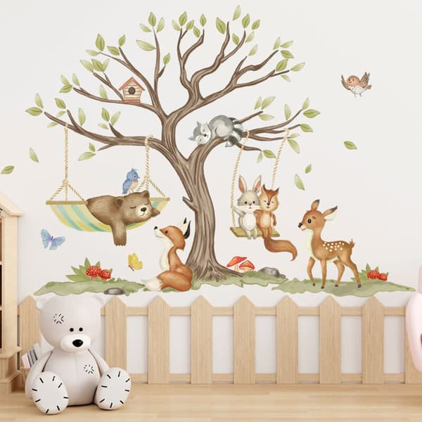 Animal Forest Wall Decals for Kids Room, featuring Deer, Foxes, and Pine Trees.