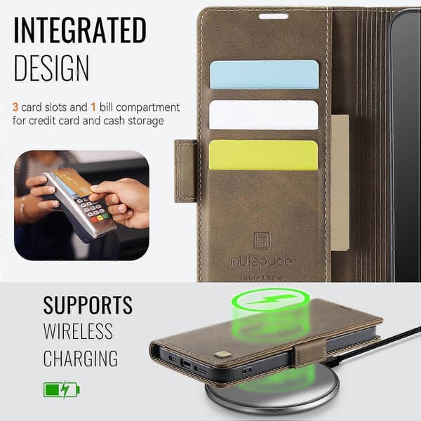 Kompatibel med iPhone 12 Pro 6.1 tommer iPhone 12 6.1 tommer Case AUTSPACE A11 RFID-blokering Retro Læder Cell Pho-lingling} Multicolor Brown