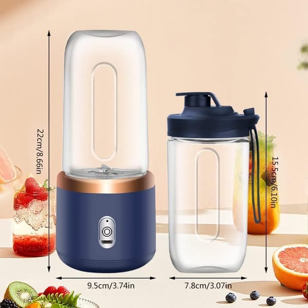 Bärbar 400 ml uppladdningsbar mixer med 6 blad för smoothies, juicer och barnmat. Inkluderar resemugg, extra mugg och lock. Hög effekt. Blue