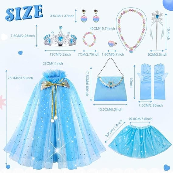 Blå prinsessekjolesæt, inklusive kappe og krone, egnet til piger i alderen 3-8 år. Blue