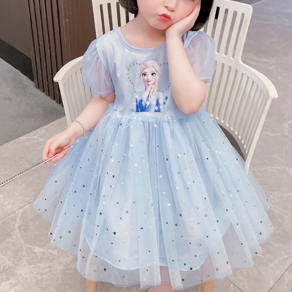 Flicka Frozen Elsa Prinsessa Barn Bomull Gasväv Födelsedagsfest Klänning blå blue 100cm