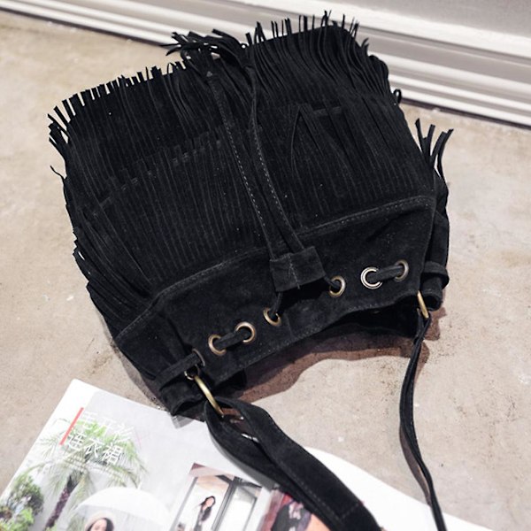 Het 2025 Retro Faux Mocka Fransar Tofsar Väska Dam Messenger Väska Ny Handväska Black