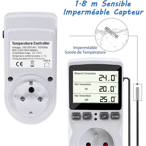 Temperaturkontrollert kontakt, digital programmerbar timer med probe, drivhusvarmer akvarium