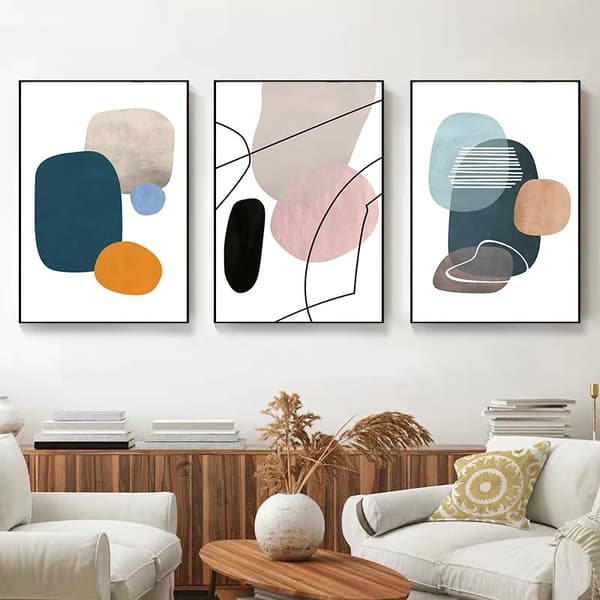 Tre innrammede dekorative malerier til veggen, abstrakt og minimalistisk stil.