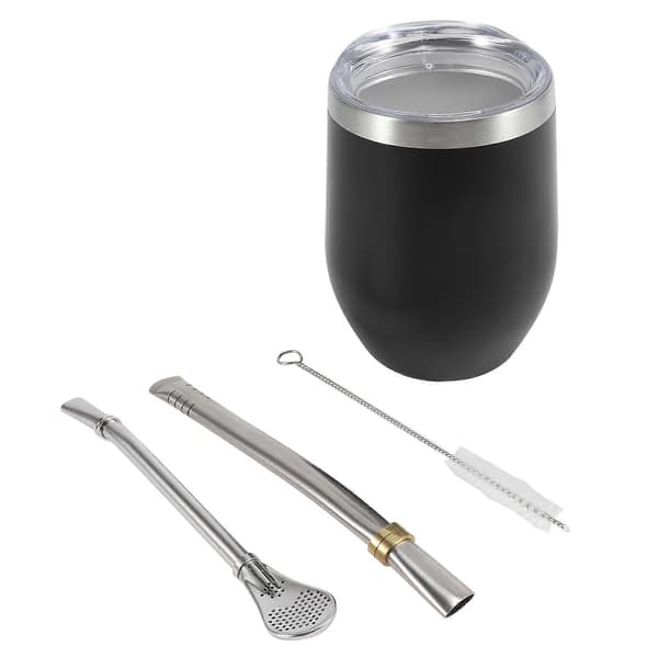 Mate te-kalebass tekopp set, 355ml, dubbelväggig kaffe-/vattenkopp i rostfritt stål, med lock och 2 sugrör.