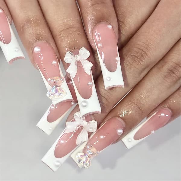 White French Manicure Stickers, Rectangular False Nails, 3D Aurora Charm, Glossy Finish, 24 Pieces - 9 Designs - White French Manicure