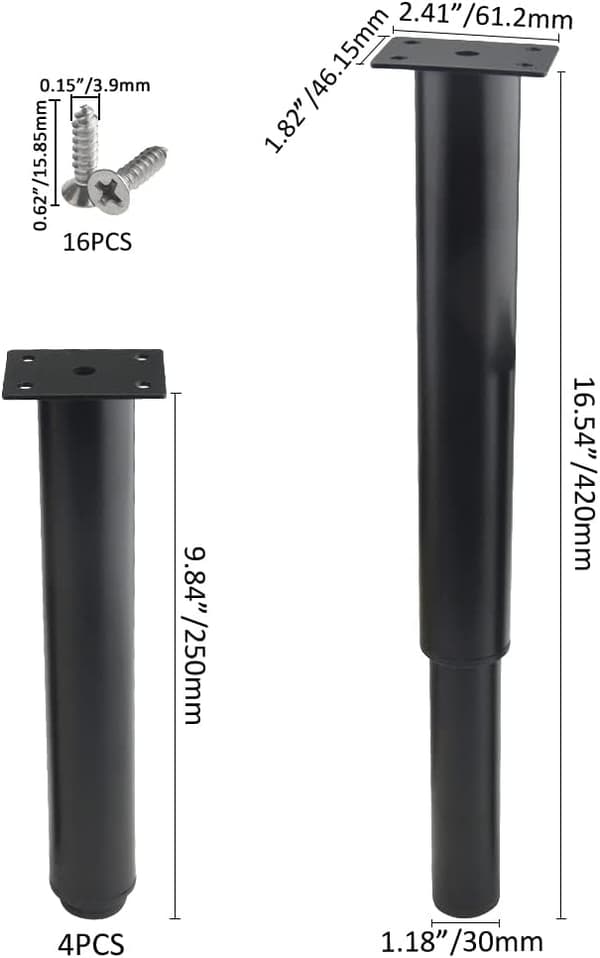 (25-42 cm, sort) Et sæt med 4 robuste, justerbare møbelben i metal, der er velegnede til borde, senge og sofaer.