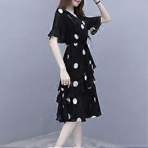 Hot 2025 Sort L Casual Dame Pige Løs Polka Dot Halværme Flæse V-Hals Kjole Forår Sommer