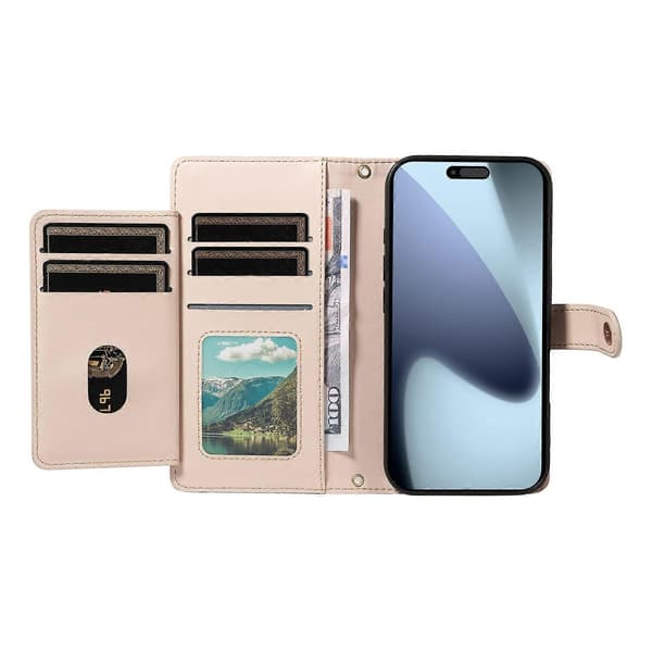 Kompatibel med iPhone 17 Pro Plånboksfodral med Remmar, Rombleder Ställ Telefonfodral-lingling} Multicolor Beige