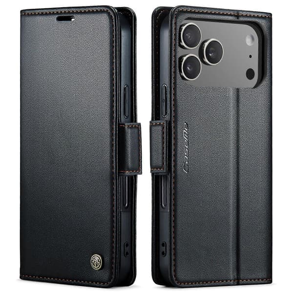 Lommebok-deksel i lær med stativ, kompatibelt med iPhone 17 Pro Max Black