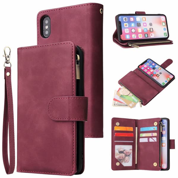 Samsung S22 magnetiskt flipfodral med SIM-kortplats och handledsrem Wine Red