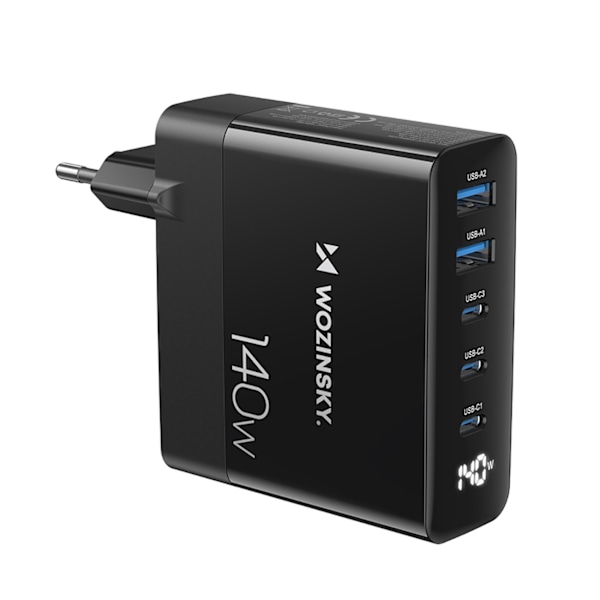 Wozinsky GaN Väggladdare 140W/ 3x USB-C / 2x USB-A - Svart