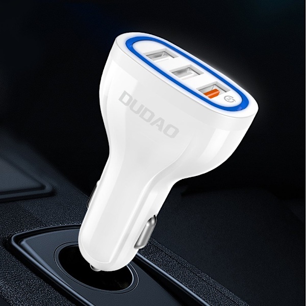 Dudao Biladapter Snabbladdare QC3.0 2.4A 18W 3x USB Vit