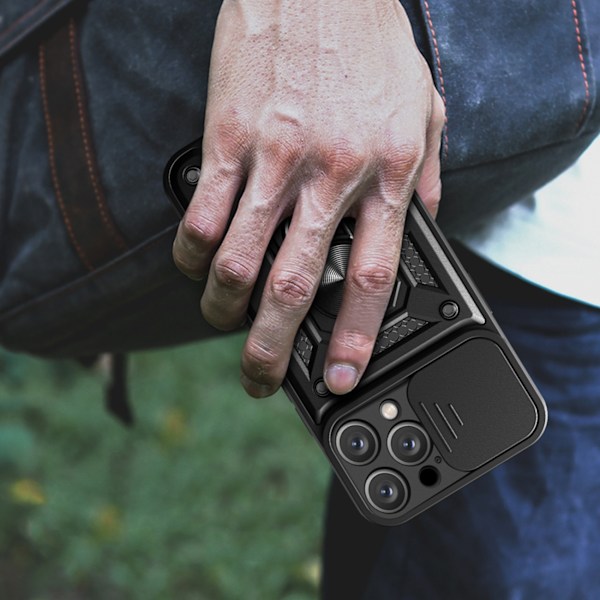 Hybrid Armor Camshield Etui til iPhone 16 Pro Max med linsebeskyttelse og stand - Sort