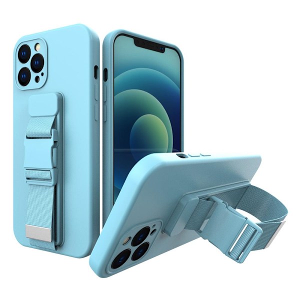 Blå gelöverdrag med repkedja och remväska för iPhone XR