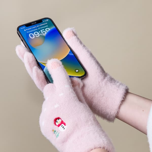 Vintertelefonhandskar för kvinnor med snögubbe och gran - rosa