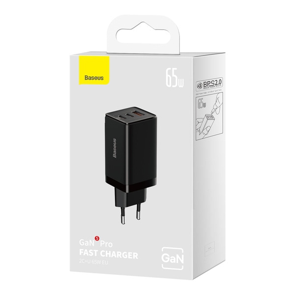 Basues GaN5 Pro Snabbladdare/ Dubbel USB-C & Enkelt USB/ 65W + U