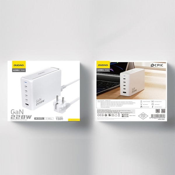 Dudao A228EU GaN Laddare 1x USB-A 4x USB-C PD 228W - Vit