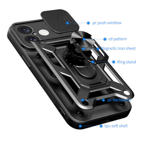 Beskyttende Hybrid Armor Etui med Kameraskærm & Stand til iPhone 16 Plus - Sort