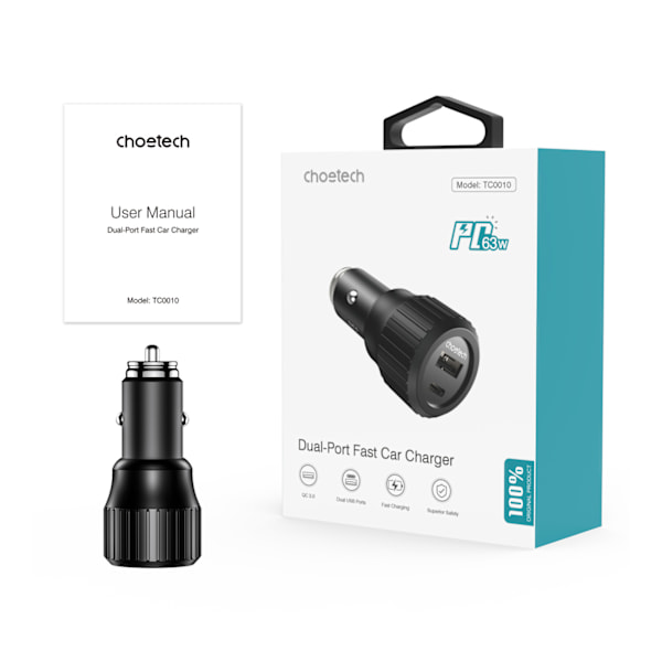 Choetech TC0010 Bil laddare USB-C USB-A PD 63W - Svart
