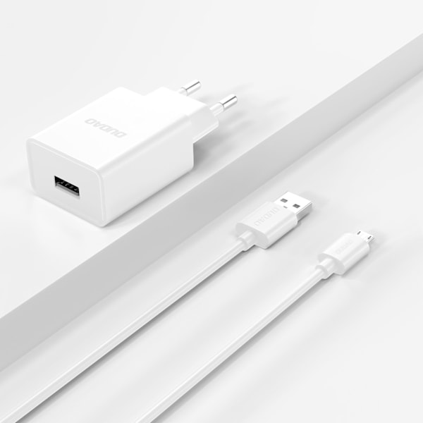 Dudao A4EU USB-A Nätladdare 2.1A - Vit + USB-A till Micro USB-Ka
