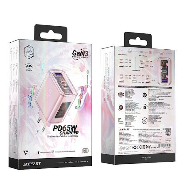Acefast GaN-laddare 65W/ 3 portar (1x USB/ 2x USB-C) rosa (A45)