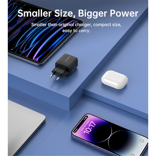 Choetech PD6052 Väggladdare USB-C USB-A 35W GaN med Display - Sv