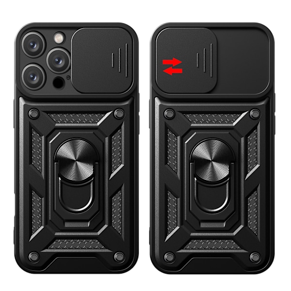 Hybrid Armor Camshield Etui til iPhone 16 Pro Max med linsebeskyttelse og stand - Sort