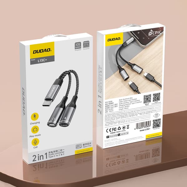 USB-C Adapter Dudao L13C+ 2-i-1 - Grå