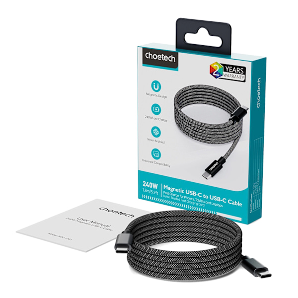 Choetech XCC-1054 240W Magnetisk USB-C Kabel m. Power Delivery 3.1 - 1,2m Sort