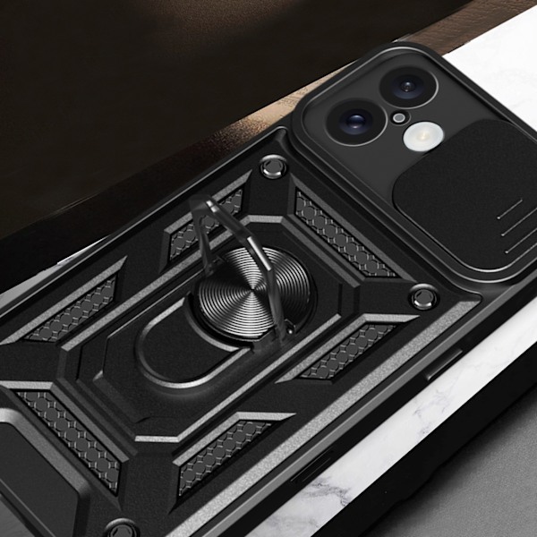 iPhone 16 Camshield Hybrid Armor Cover med Kamera Beskyttelse og Stander - Sort