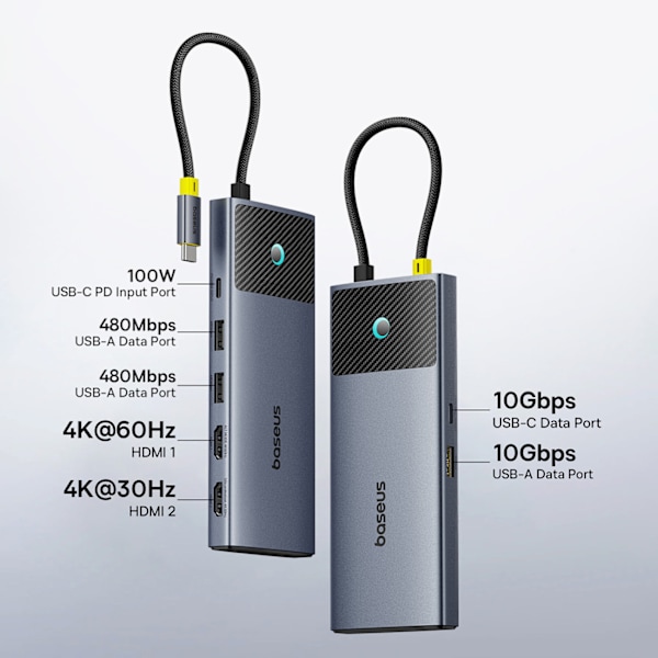 Baseus Metal Gleam Series II 7-i-1 USB-C Hub med PD100W/ 2x HDMI