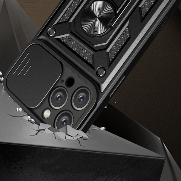 Hybrid Armor Camshield Etui til iPhone 16 Pro Max med linsebeskyttelse og stand - Sort