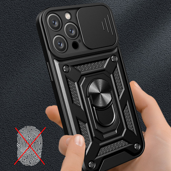 Hybrid Armor Camshield Etui til iPhone 16 Pro Max med linsebeskyttelse og stand - Sort