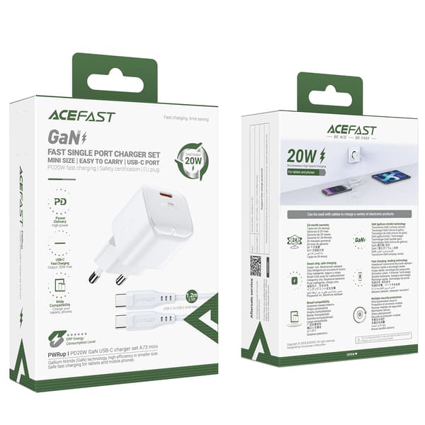 Acefast A73 Mini PD 20W GaN Väggladdare + USB-C kabel - Vit