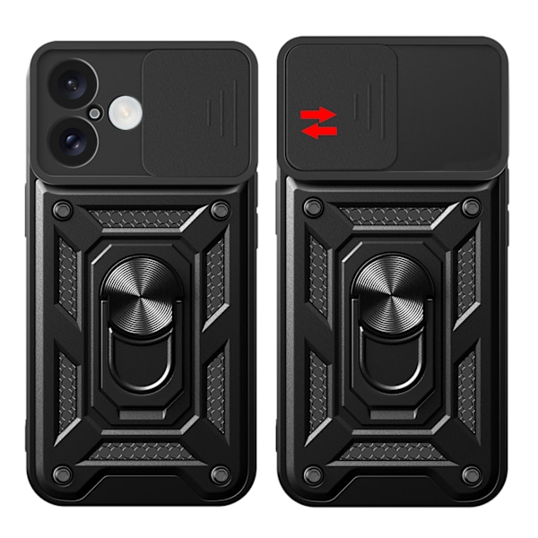 iPhone 16 Camshield Hybrid Armor Cover med Kamera Beskyttelse og Stander - Sort