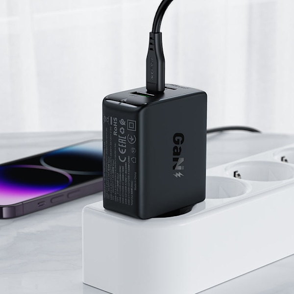 Acefast svart 65W GaN snabb nätverksladdare (2xUSB-C/USB-A) PPS/