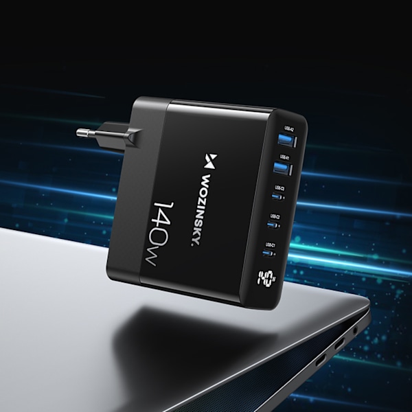 Wozinsky GaN Väggladdare 140W/ 3x USB-C / 2x USB-A - Svart