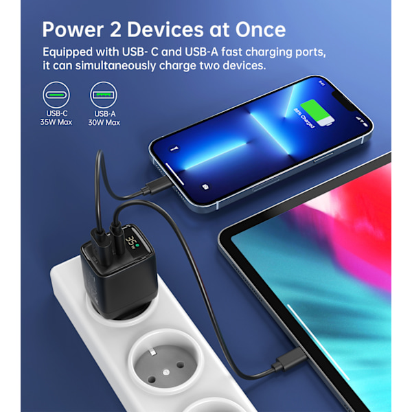 Choetech PD6052 Väggladdare USB-C USB-A 35W GaN med Display - Sv
