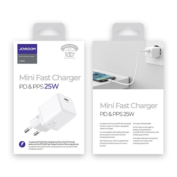 Joyroom snabb nätladdare USB Typ C 25W 3A EU kontakt vit (L-P251