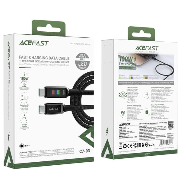 Acefast C7-03 USB-C till USB-C Kabel/ 100W/ 1.2m med Display - S