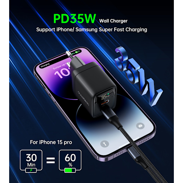Choetech PD6051 USB-C Väggladdare 35W GaN med Display - Svart