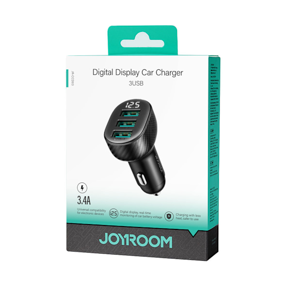 Joyroom JR-CCD03 Biladapter 3.4A med Display och 3 USB-A-portar