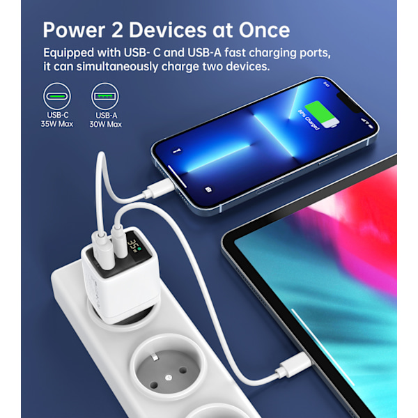 Choetech PD6052 USB-C och USB-A PD 35W GaN Laddare med Display -